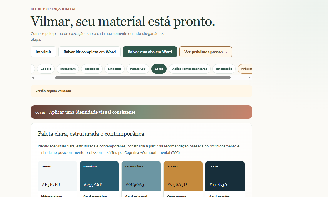 Tela real do Assistente Comercial para Psicólogos mostrando a paleta personalizada do Kit