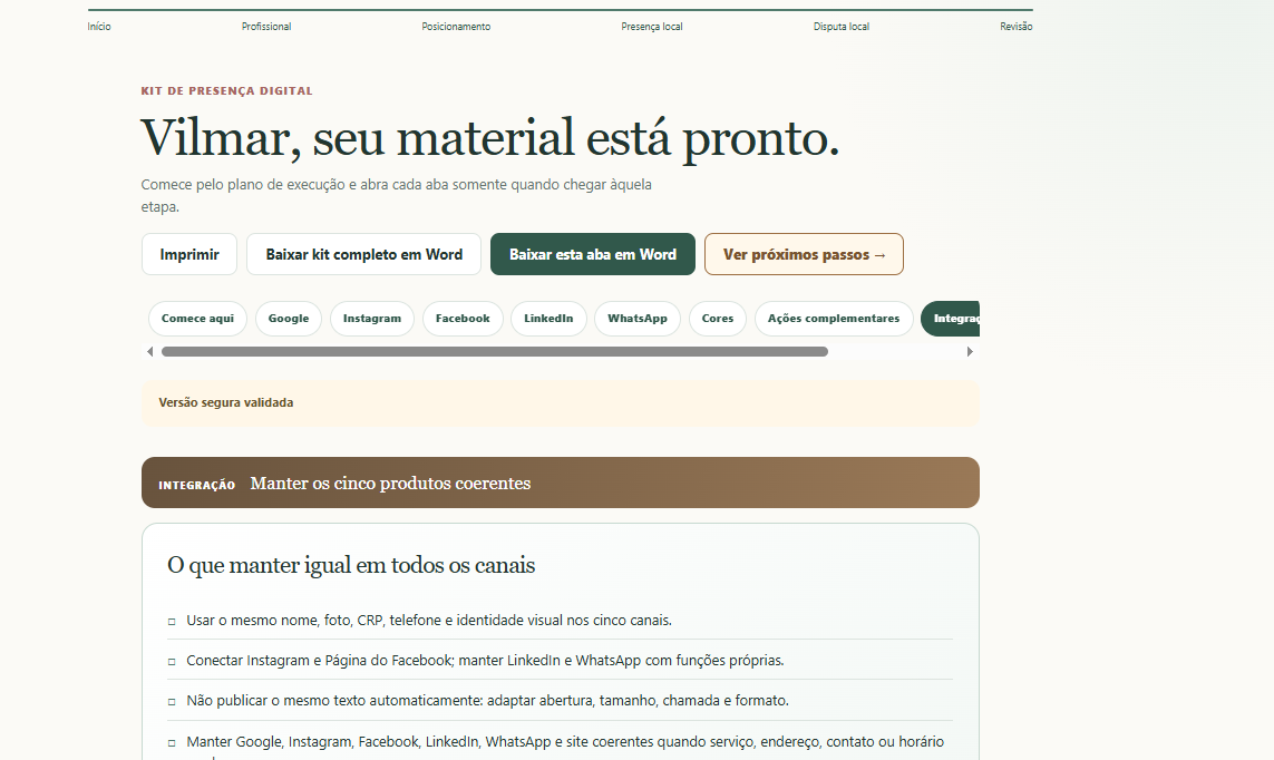 Tela real do Assistente Comercial para Psicólogos mostrando a área de integração do Kit